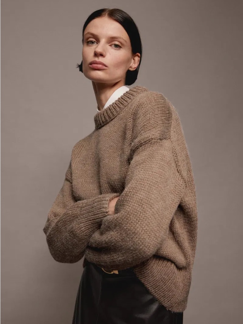Mango Wool blend Crewneck Knit Sweater Taupe